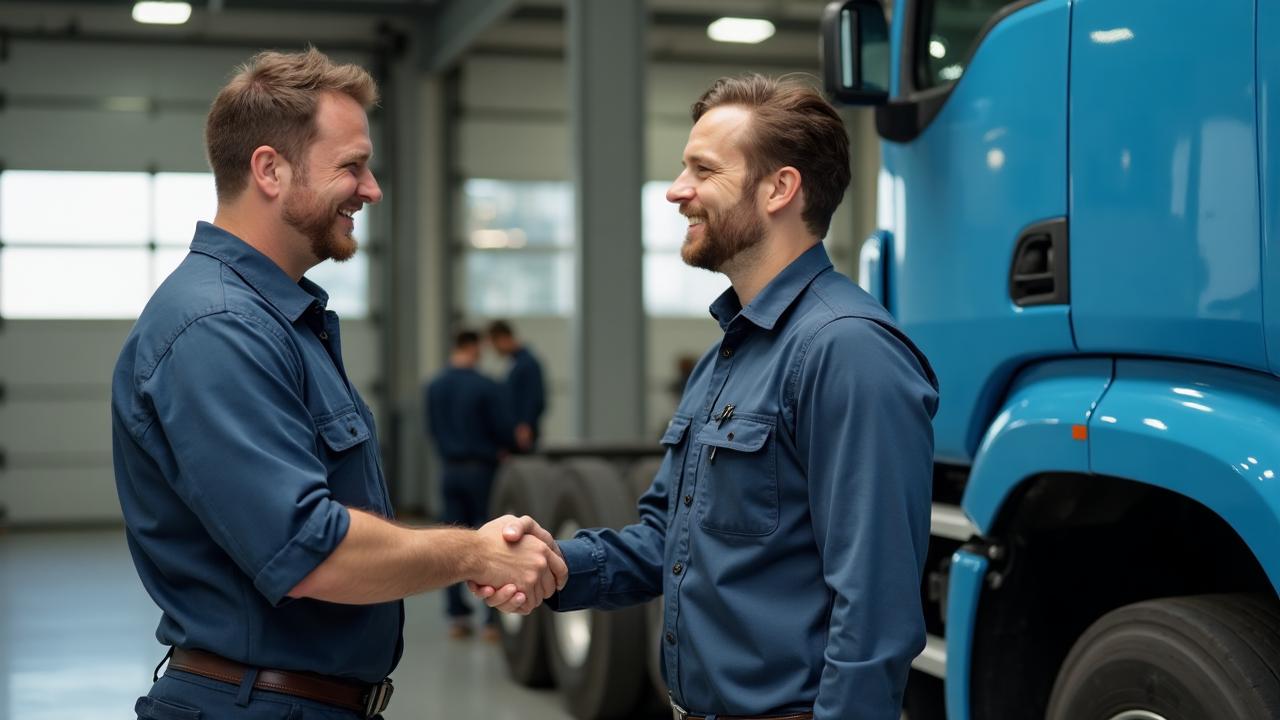 Satisfied business customer and mobile mechanic after successful commercial vehicle repair in Vacaville